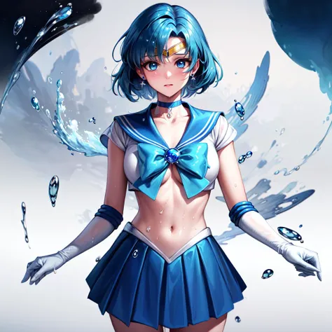 1 Girl, Chest, Gloves, Lips, Solo, Sailor Mercury, Blue Eyes, SM Uniform, mer1, Tiara, Sailor Senshi Uniform, (RAW photo, top quality), masterpiece, absurdity, sexy, floating short blue hair, blue sailor collar, bow, (blue knee boots: 1.1), choker, white gloves, blue choker, elbow gloves, jewelry, earrings, white leotardSole, Full body, blue hair, (perfect hands): 3.8, octane rendering, divinity of water, see-through, open legs