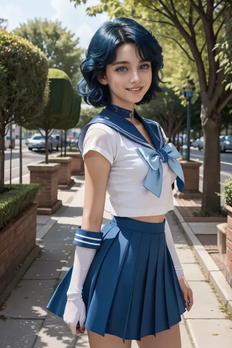 realistic, upper body photo of 18 years old Mercury, sailor uniform, ribbons, blue hair, (seductive smile:0.4), hard shadows, glossy lips, hot, radiant god rays, grainy , (professional color grading:1.3), cinematic lighting
   detailed skin, (skindentation:0.6)    extremely beautiful smile  mer1, tiara, sailor senshi uniform, blue sailor collar, bow, knee boots, choker, white gloves, blue choker, elbow gloves, jewelry, earrings, blue skirt