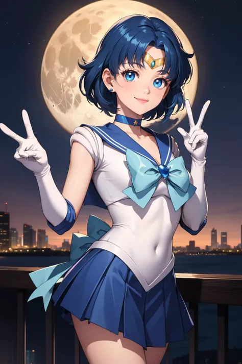 masterpiece, best quality, highres, absurdres, ultra detailed, pretty eyes,
mer1, tiara, sailor senshi uniform, blue sailor collar, bow, knee boots, choker, white gloves, blue choker, elbow gloves, jewelry, earrings, blue skirt
peace sign, cowboy shot, night, outdoors, moon, smile, city,
<lora:mercury_v2:0.7>