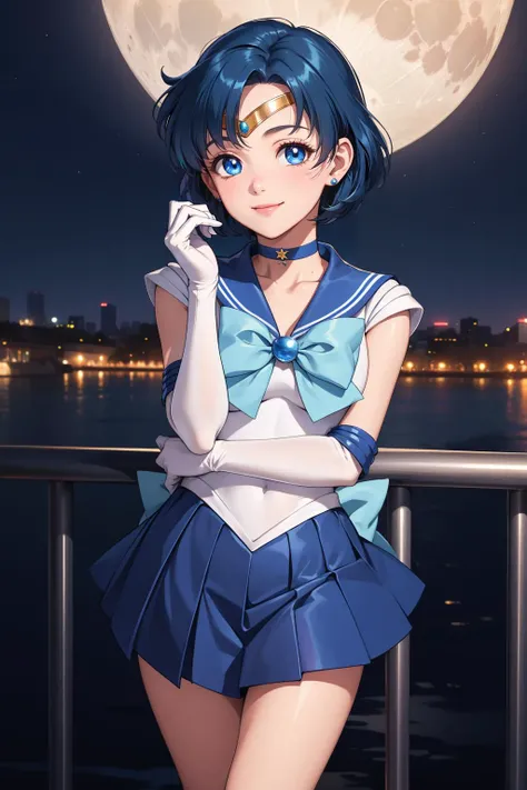 masterpiece, best quality, highres, absurdres, ultra detailed, pretty eyes,
mer1, tiara, sailor senshi uniform, blue sailor collar, bow, knee boots, choker, white gloves, blue choker, elbow gloves, jewelry, earrings, blue skirt
blowing kiss, cowboy shot, night, outdoors, moon, smile, city,
<lora:mercury_v2:0.7>
