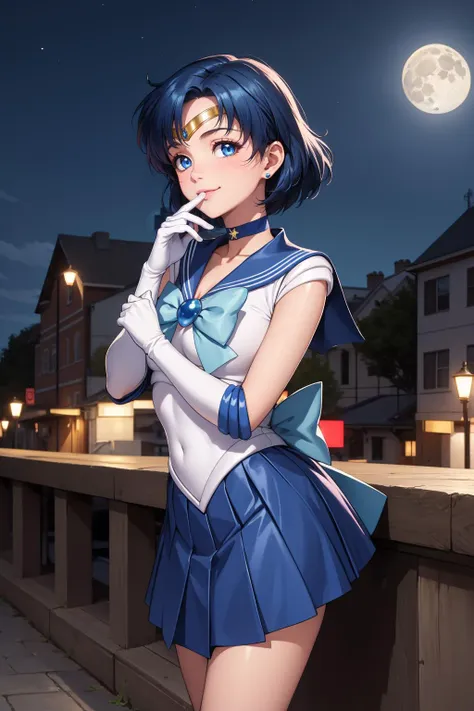 masterpiece, best quality, highres, absurdres, ultra detailed, pretty eyes,
mer1, tiara, sailor senshi uniform, blue sailor collar, bow, knee boots, choker, white gloves, blue choker, elbow gloves, jewelry, earrings, blue skirt
blowing kiss, cowboy shot, night, outdoors, moon, smile, city,
<lora:mercury_v2:0.7>