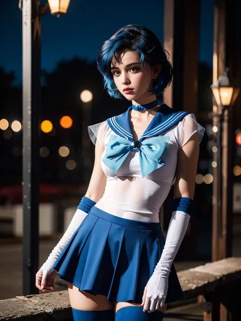 <lora:sailor_mercury_v1:0.8>,1gril,standing,posing for a picture,cowboy shot,mer1,tiara,blue hair,sailor senshi uniform,blue sailor collar,bow,knee boots,choker,white gloves,blue choker,elbow gloves,jewelry,earrings,blue skirt,outdoors,night,city,
masterpiece,best quality,highres,photorealistic,realistic,extremely detailed 8k wallpaper,highest detailed,8k,HDR,ultra detailed,professional light,cinematic lighting,fashion photography,ambient lighting,face lighting,