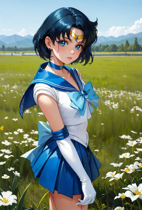 masterpiece, best quality, highres, mer1, tiara, sailor senshi uniform, blue sailor collar, bow, knee boots, choker, white gloves, blue choker, elbow gloves, jewelry, earrings, blue skirt, <lora:mercury_v2:0.7>, cowboy shot, from side, field,