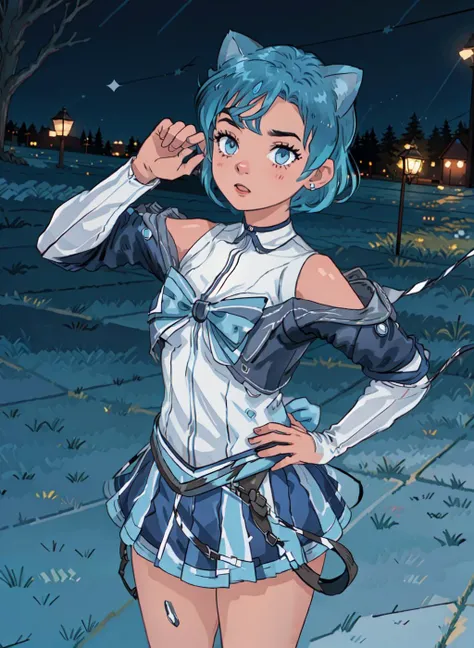 mer1, tiara, sailor senshi uniform, blue skirt, blue sailor collar, tiara, bow, knee boots, choker, white gloves, blue choker, elbow gloves, jewelry, earrings, pleated skirt, <lora:mercury_v2:0.6>, cowboy shot, hand on hip, city, (1990s \(style\):1.2) , <lora:add_detail:0.65>, masterpiece, best quality, perfect composition, full body, 
<lora:ProtoPropski3:1>, cat ears,