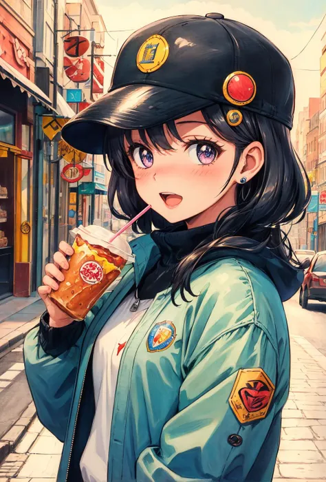 masterpiece, best quality, highres,, <lora:mercury_v2:0.7>,  road, road maker, 1girl, badge, blush, building, burger, city, cup, drinking straw, earrings, food, hair ornament, hat, holding, holding food, jacket, jewelry, long sleeves, looking at viewer, open mouth, smile, solo, traditional media, upper body