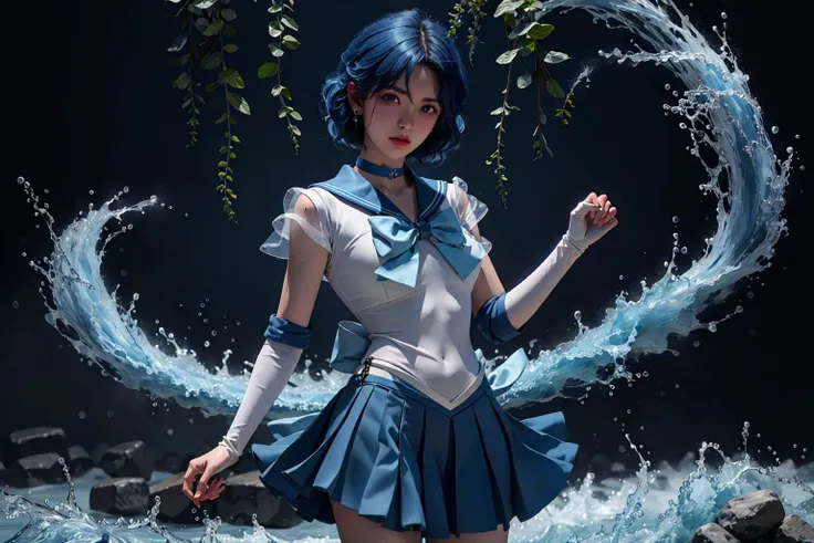 masterpiece, best quality, highres, 1girl water yushushui, mer1, tiara, sailor senshi uniform, blue sailor collar, bow, knee boots, choker, white gloves, blue choker, elbow gloves, jewelry, earrings, blue skirt, <lora:mercury_v2:0.7>, cowboy shot, <lora:yushui:0.5>, BREAK, short blue hair,