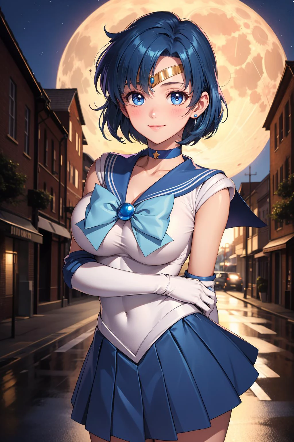 masterpiece, best quality, highres, absurdres, ultra detailed, pretty eyes,
mer1, tiara, sailor senshi uniform, blue sailor collar, bow, knee boots, choker, white gloves, blue choker, elbow gloves, jewelry, earrings, blue skirt
holding breast, blushing, cowboy shot, night, outdoors, moon, smile, city,
<lora:mercury_v2:0.7>