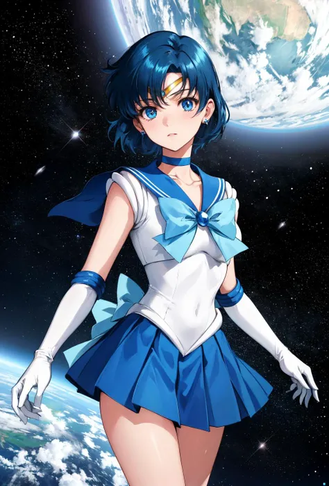 masterpiece, best quality, highres, mer1, tiara, sailor senshi uniform, blue sailor collar, bow, knee boots, choker, white gloves, blue choker, elbow gloves, jewelry, earrings, blue skirt, <lora:mercury_v2:0.7>, cowboy shot, standing, space_background