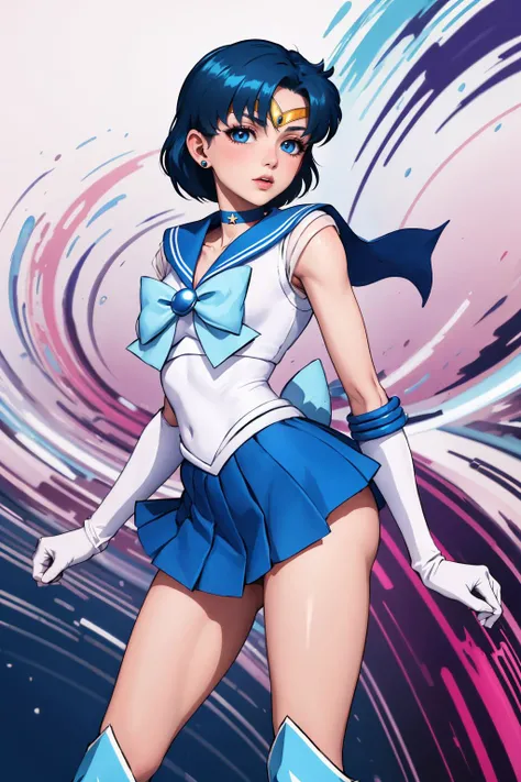 masterpiece, best quality, lingerie photoshoot, erotic:1.6, <lora:mercury_v2:.8> mer1, tiara, sailor senshi uniform, blue sailor collar, bow, knee boots, choker, white gloves, blue choker, elbow gloves, jewelry, earrings, blue skirt, abstract background, <lora:EnvyBeautyMix01:1>
