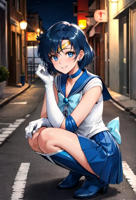 masterpiece, best quality, highres, mer1, tiara, sailor senshi uniform, blue skirt, blue sailor collar, tiara, bow, knee boots, choker, white gloves, blue choker, elbow gloves, jewelry, earrings, pleated skirt, <lora:mercury_v2:0.7>, outdoor, street, night, skyline, close portrait, <lora:GoodHands-beta2:0.7>, road, road maker, squat, big smile
