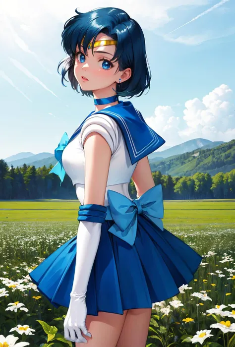 masterpiece, best quality, highres, mer1, tiara, sailor senshi uniform, blue sailor collar, bow, knee boots, choker, white gloves, blue choker, elbow gloves, jewelry, earrings, blue skirt, <lora:mercury_v2:0.7>, cowboy shot, from side, field,