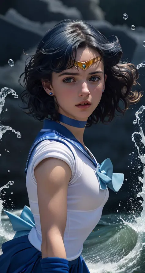(8k, best quality, masterpiece:1.2), (realistic, photo-realistic:1.4), ultra-detailed, scene from movie, portrait, Sailor Mercury running, mer1, tiara, sailor senshi uniform, blue sailor collar, bow, choker, white gloves, blue choker, elbow gloves, jewelry, earrings, blue skirt, blue hair <lora:mercury_v2:0.8> rough waves background
