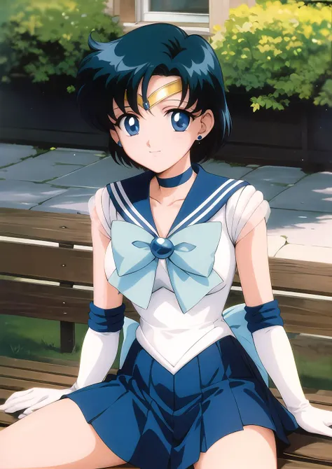 masterpiece, best quality, highres, mer1, tiara, sailor senshi uniform, blue sailor collar, bow, knee boots, choker, white gloves, blue choker, elbow gloves, jewelry, earrings, blue skirt, <lora:mercury_v2:0.7>, cowboy shot, 1990s \(style\), sitting, bench