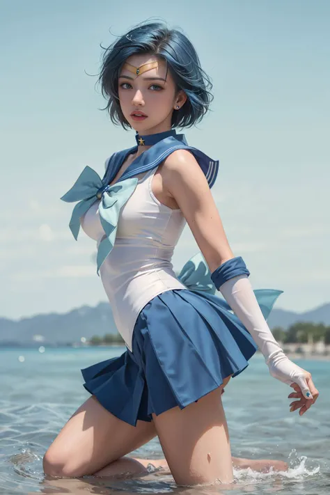 1girl,breasts,gloves,lips,solo,sailor mercury,blue eyes,smuniform,mer1,tiara,sailor senshi uniform,(RAW photo, best quality),masterpiece,absurdres,<lora:mercury_v2:0.8>,sexy,floating short blue hair,blue sailor collar,bow,(knee boots:1.1),choker,white gloves,blue choker,elbow gloves,jewelry,earrings,blue skirt,sole,full body,blue hair,(prefect drawn hands):3.8,octane rendering,godness of water,