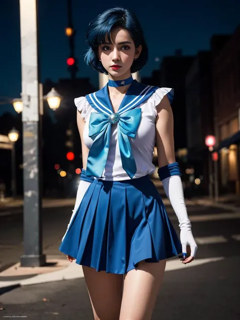 <lora:sailor_mercury_v1:0.7>,1gril,standing,posing for a picture,cowboy shot,mer1,tiara,blue hair,sailor senshi uniform,blue sailor collar,bow,knee boots,choker,white gloves,blue choker,elbow gloves,jewelry,earrings,blue skirt,outdoors,night,city,
masterpiece,best quality,highres,photorealistic,realistic,extremely detailed 8k wallpaper,highest detailed,8k,HDR,ultra detailed,professional light,cinematic lighting,fashion photography,ambient lighting,face lighting,