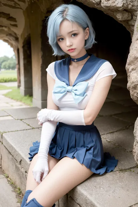 masterpiece, best quality,realistic,cave, Headshot,day, 1 girl,half body, large breasts, skinny, 
mer1, tiara, sailor senshi uniform, blue sailor collar, short hair, ((((light blue hair)))),parted bangs,bow, knee boots, choker, white gloves, blue choker, elbow gloves, jewelry, earrings, blue skirt, pleated skirt
  <lora:mercury_v2:0.7>