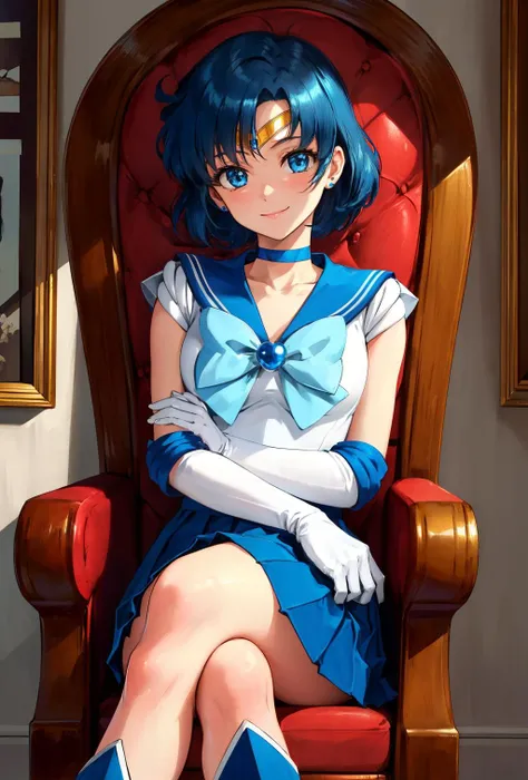 masterpiece, best quality, highres, mer1, tiara, sailor senshi uniform, blue skirt, blue sailor collar, tiara, bow, knee boots, choker, white gloves, blue choker, elbow gloves, jewelry, earrings, pleated skirt, <lora:mercury_v2:0.7>, sit, throne, crossed legs, indoor, castle, fancy interior,smile, close portrait, upper body