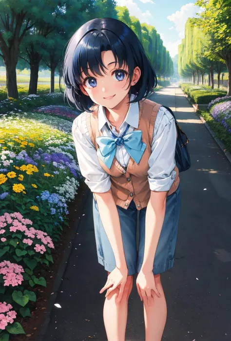 masterpiece, best quality, highres,, <lora:mercury_v2:1>, road, road maker, white shirt, cardigan vest, bow, smile, garden , flower field, bent over