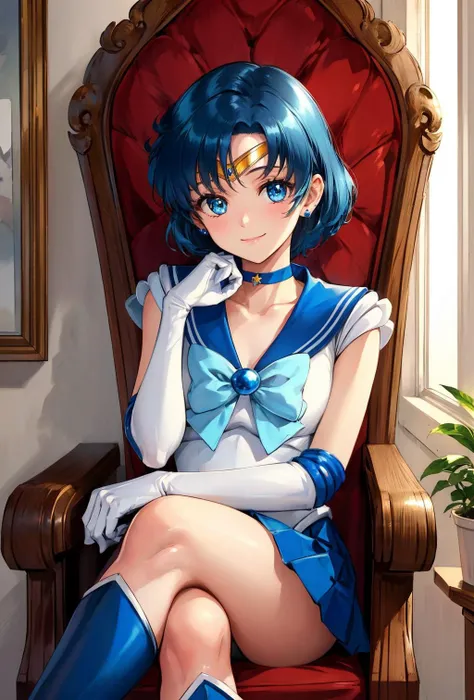 masterpiece, best quality, highres, mer1, tiara, sailor senshi uniform, blue skirt, blue sailor collar, tiara, bow, knee boots, choker, white gloves, blue choker, elbow gloves, jewelry, earrings, pleated skirt, <lora:mercury_v2:0.7>, sit, throne, crossed legs, indoor, castle, fancy interior,smile, close portrait, upper body