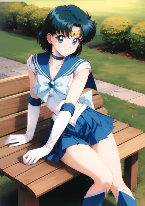 masterpiece, Highest quality, High resolution, Mel 1, tiara, Sailor Warrior Uniform, Blue sailor collar, bow, Knee Boots, choker, White gloves, blue choker, elbow gloves, jewelry, Earrings, Blue Skirt, Cowboy Shot, 1990s \(style\), Spread your legs、Embarrassed face、Open your mouth、Sitting, bench