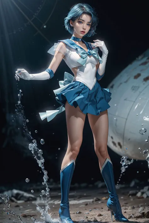 1girl,breasts,gloves,lips,solo,sailor mercury,blue eyes,smuniform,mer1,tiara,sailor senshi uniform,(RAW photo, best quality),masterpiece,absurdres,<lora:mercury_v2:0.8>,sexy,floating short blue hair,blue sailor collar,bow,(knee boots:1.1),choker,white gloves,blue choker,elbow gloves,jewelry,earrings,blue skirt,sole,full body,blue hair,(prefect drawn hands):3.8,octane rendering,godness of water,