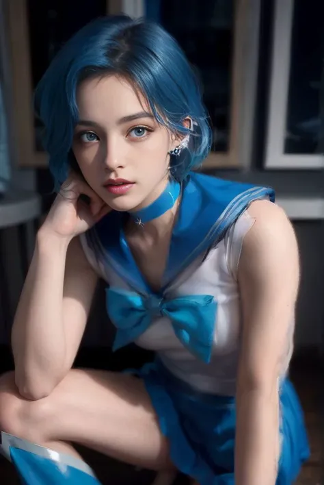 1girl,breasts,gloves,lips,solo,sailor mercury,blue eyes,smuniform,mer1,tiara,sailor senshi uniform,(RAW photo, best quality),masterpiece,absurdres,<lora:mercury_v2:0.8>,sexy,floating short blue hair,blue sailor collar,bow,(knee boots:1.1),choker,white gloves,blue choker,elbow gloves,jewelry,earrings,blue skirt,sole,full body,blue hair,(prefect drawn hands):3.8,octane rendering,godness of water, (close up:1.2) <lora:beautifuleyeslikeness_purefacelikeness:0.01> finely detailed beautiful eyes, close-up, small eyes, look at viewer, <lora:theovercomer8sContrastFix_sd15:0.5> to8contrast style, in a dark room, two tone lighting, octane <lora:hipoly3DModelLora_v10:0.2>, <lora:animeLineartMangaLike_v20Offset:0.1> lineart, monochrome,