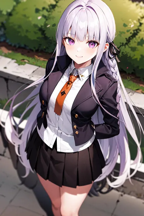 masterpiece, best quality, highres, aakyoko, long hair, purple hair, side braid, blunt bangs, hair ribbon, black ribbon, high collar, brown necktie, black jacket, open clothes, long sleeves, black gloves, black skirt, pleated skirt, <lora:kirigiri_kyoko_v1:0.8>, standing, outdoors, smile, from above,