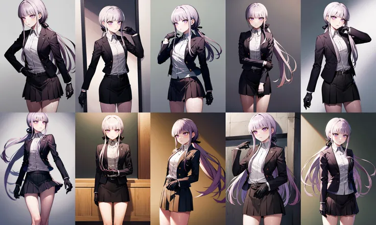 masterpiece, best quality, highres, aakyoko, long hair, purple hair, ponytail, blunt bangs, black jacket, open clothes, long sleeves, collared shirt, shirt tucked in, black gloves, black suit, skirt,  danganronpa \(series\), <lora:kirigiri_kyoko_v1:0.8>, cowboy shot, standing