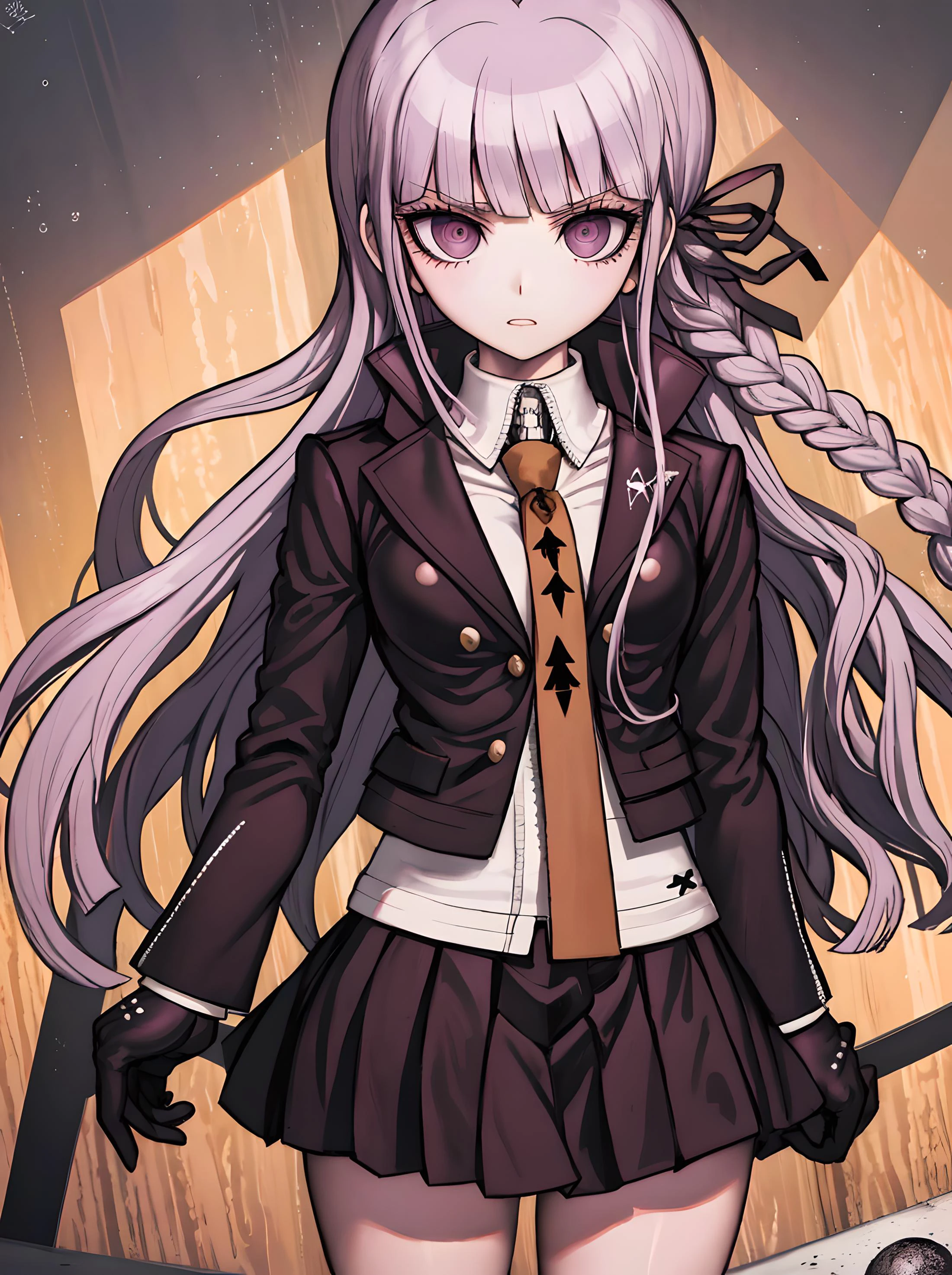 <lora:kirigiri_kyoko_v1:1>, aakyoko, danganronpa \(series\), long hair, purple hair, side braid, blunt bangs, hair ribbon, black ribbon, high collar, brown necktie, black jacket, open clothes, long sleeves, black gloves, black skirt, pleated skirt, <lora:KomatsuzakiRuiV2:0.6>,