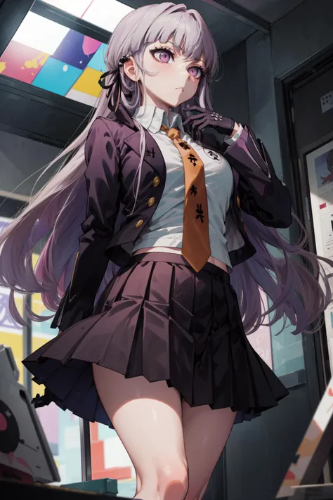 masterpiece,best quality,1girl,kirigiri kyouko,aakyoko,long hair,purple hair,side braid,blunt bangs,hair ribbon,black ribbon,high collar,brown necktie,black jacket,open clothes,long sleeves,black gloves,black skirt,pleated skirt,danganronpa \(series\),wide hips,expressionless,light frown,thinking,hand on own chin,indoors,<lora:CHAR-Danganronpa-Kirigiri Kyoko_v1-h_madoka:0.8>,