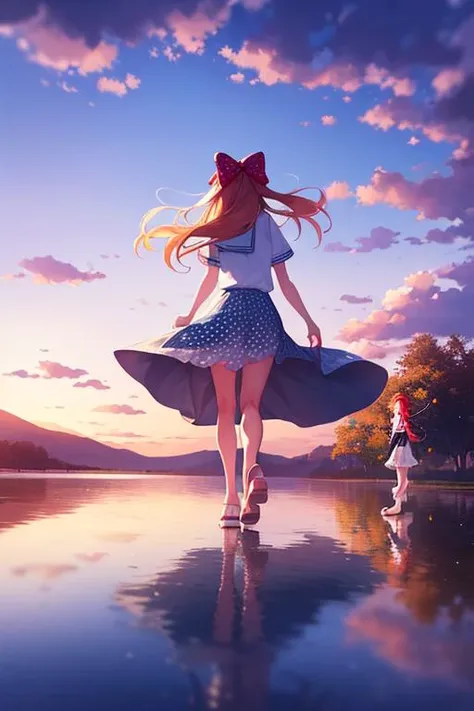 ltra-detailed,highly detailed,best quality,masterpiece,illustration,realistic,
sakura chiyo,, bow, orange hair, hair bow, long hair, dress, reflection, 1girl, polka dot bow, sky, solo, cloud, white dress, polka dot, day, water, wind, short sleeves, from behind, 2girls, white footwear, school uniform, ripples, shoes, walking, multiple girls, blue sky, red bow, barefoot, different reflection, outdoors, skirt, sandals, from side, standing,
<lora:sakura chiyo_dm_v1_04:0.7>