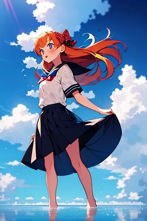 ltra-detailed,highly detailed,best quality,masterpiece,illustration,realistic,
sakura chiyo,1girl, solo,
orange hair, hair bow, polka dot bow,
long hair, dress,short sleeves,school uniform, short sleeves,barefoot,
standing,
reflection, sky, cloud, day, water, wind,ripples, blue sky, different reflection, outdoors,
<lora:sakura chiyo_dm_v1_04:0.7>