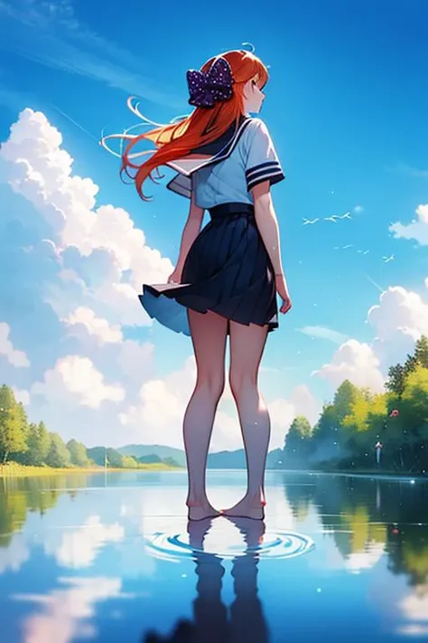 ltra-detailed,highly detailed,best quality,masterpiece,illustration,realistic,
sakura chiyo,1girl,  solo,
orange hair, hair bow, polka dot bow, 
long hair, dress,short sleeves,school uniform,jacket,collared shirt, short sleeves,barefoot, 
standing,
reflection, sky, cloud, day, water, wind,ripples, blue sky, different reflection, outdoors, 
 <lora:sakura chiyo_dm_v1_04:0.7>