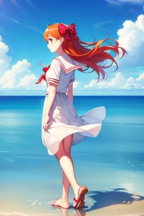 ltra-detailed,highly detailed,best quality,masterpiece,illustration,realistic,
sakura chiyo,, bow, orange hair, hair bow, long hair, dress, reflection, 1girl, polka dot bow, sky, solo, cloud, white dress, polka dot, day, water, wind, short sleeves, from behind, 2girls, white footwear, school uniform, ripples, shoes, walking, multiple girls, blue sky, red bow, barefoot, different reflection, outdoors, skirt, sandals, from side, standing,
<lora:sakura chiyo_dm_v1_04:0.7>