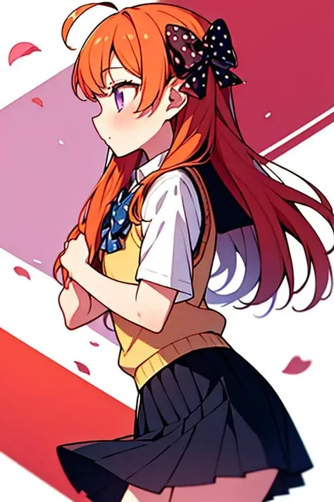 ltra-detailed,highly detailed,best quality,masterpiece,illustration,
sakura chiyo, 1girl, solo, polka dot bow, bow, polka dot, long hair, skirt, orange hair, hair bow, school uniform, petals, pleated skirt, from side, purple eyes, white background, sweater vest, profile, shirt, red bow, short sleeves, standing, cowboy shot, simple background, hands on own chest, white shirt, ahoge, blue skirt, miniskirt, vest, ribbon, black skirt
<lora:sakura chiyo_dm_v1_04:0.7>