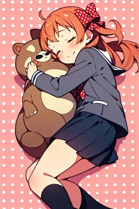 ltra-detailed,highly detailed,best quality,masterpiece,illustration,
sakura chiyo, 1girl, polka dot, polka dot bow, bow, orange hair, hair bow, tanuki, closed eyes, long hair, barefoot, skirt, school uniform, smile, hug, lying, on side, pleated skirt, sleeping, blush, polka dot background, ribbon, jacket, pokemon \(creature\), twintails, hair ribbon, solo, feet
<lora:sakura chiyo_dm_v1_04:0.7>
