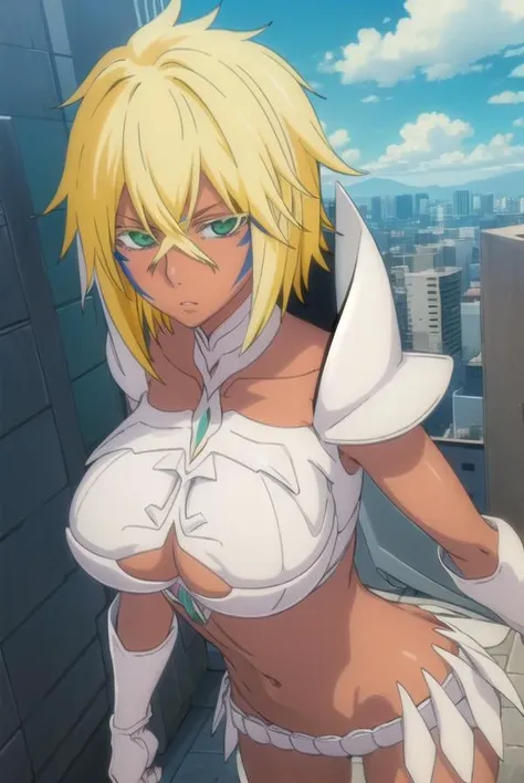 halibeltier, <lora:halibeltier-lora-nochekaiser:1>,
halibel tier, short hair, blonde hair, (green eyes:1.5), dark skin, dark-skinned female, facial mark,
BREAK armor, pauldrons, skirt, cleavage, cleavage cutout, gloves, white gloves, midriff, navel, collarbone,
BREAK outdoors,
BREAK looking at viewer, (cowboy shot:1.5),
BREAK <lyco:GoodHands-beta2:1>, (masterpiece:1.2), best quality, high resolution, unity 8k wallpaper, (illustration:0.8), (beautiful detailed eyes:1.6), extremely detailed face, perfect lighting, extremely detailed CG, (perfect hands, perfect anatomy),