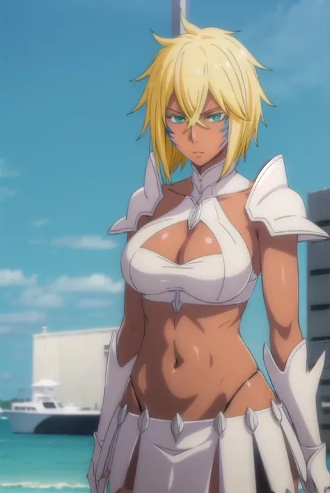 halibeltier, <lora:halibeltier-lora-nochekaiser:1>,
halibel tier, short hair, blonde hair, green eyes, dark skin, dark-skinned female, facial mark,
BREAK armor, pauldrons, skirt, cleavage, cleavage cutout, gloves, white gloves, midriff, navel, collarbone,
BREAK outdoors,
BREAK looking at viewer, (cowboy shot:1.5),
BREAK <lyco:GoodHands-beta2:1>, (masterpiece:1.2), best quality, high resolution, unity 8k wallpaper, (illustration:0.8), (beautiful detailed eyes:1.6), extremely detailed face, perfect lighting, extremely detailed CG, (perfect hands, perfect anatomy),