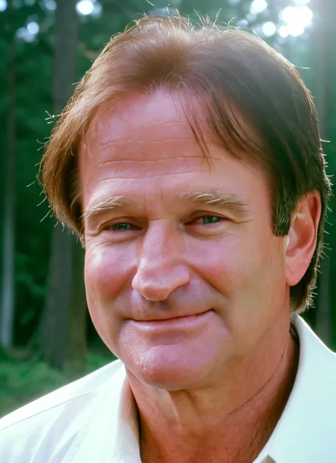 portrait of sksperson, smile, wearing linen shirt , with straight hair brown Slicked back , background mushroom forest epic (photo, studio lighting, hard light, sony a7, 50 mm, matte skin, pores, colors, hyperdetailed, hyperrealistic), <lyco:Robin WilliamsV4:1.0>