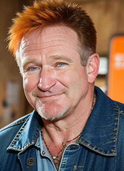 portrait of sksperson, smile, wearing denim jeans , with fade with goatee orange Spiky hair , background classroom epic (photo, studio lighting, hard light, sony a7, 50 mm, matte skin, pores, colors, hyperdetailed, hyperrealistic), <lyco:Robin WilliamsV4:1.0>