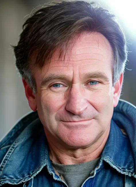 portrait of sksperson, smile, wearing denim shirt , with side part purple Side-swept fringe , background slums epic (photo, studio lighting, hard light, sony a7, 50 mm, matte skin, pores, colors, hyperdetailed, hyperrealistic), <lyco:Robin WilliamsV4:1.0>