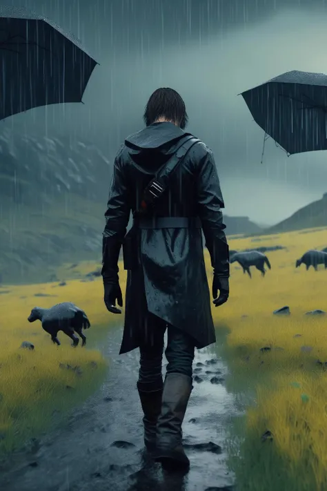 <lora:Death Stranding:1>Death Stranding - death stranding Norman Reedus walking on a rainy landscape and a black ghost siluete in background Ayami kojima style cinematic photographic quality ultra hd