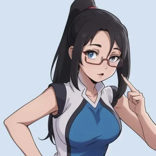 <lora:hanebado-05-v3:1>, 1girl, h4n3b4d0, blue and white outfit, dark long hair, ponytail, glasses