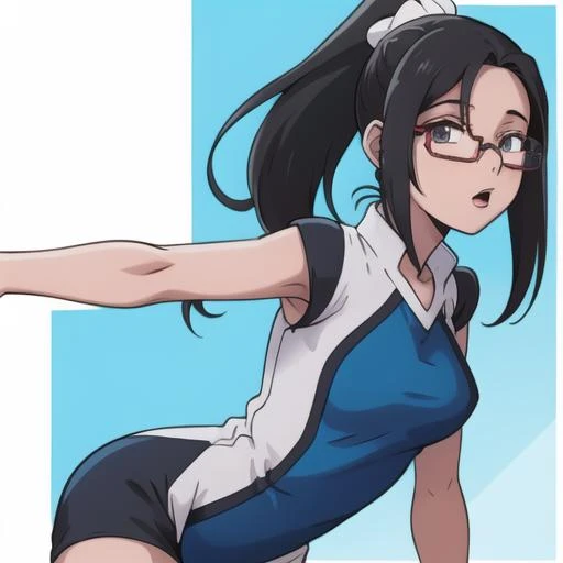 <lora:hanebado-05-v3:1>, 1girl, h4n3b4d0, blue and white outfit, dark long hair, ponytail, glasses