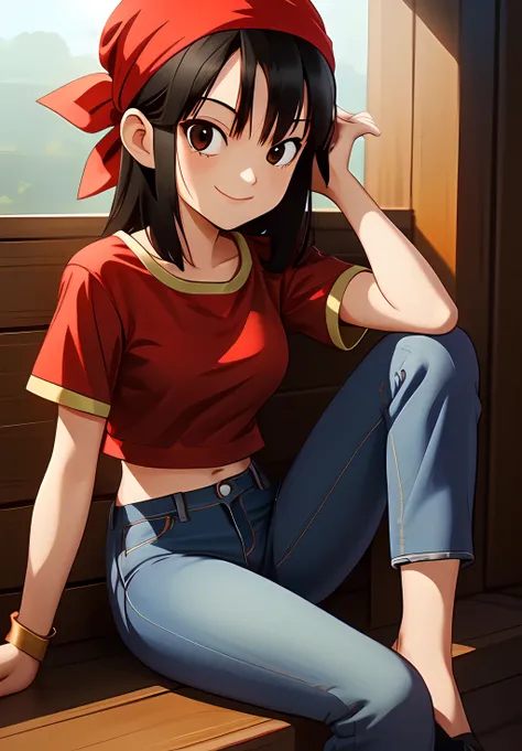 <lora:Pan:0.8>, Pan, 1girl, solo, smile, red shirt, jeans, bandana, black Hair, sitting,, (acclaimed, alluring, captivating, exciting, gorgeous, striking:1.3), (trending on CGSociety, trending on pixiv, contest winner:1.3)