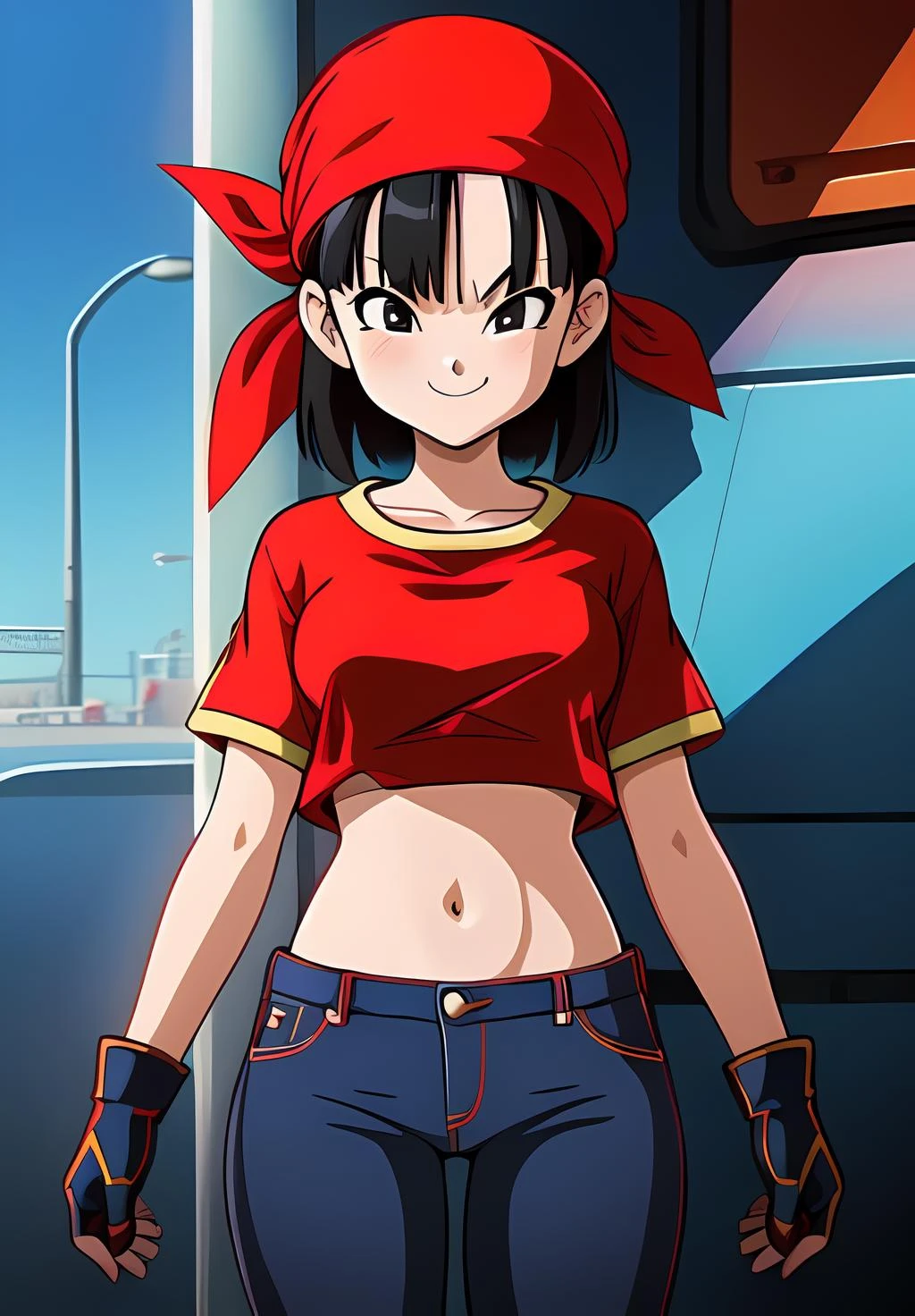<lora:Pan:0.8>, Pan, 1girl, solo, Smirk, red shirt, jeans, bandana, black Hair, (acclaimed, alluring, captivating, exciting, gorgeous, striking:1.3), (trending on CGSociety, trending on pixiv, contest winner:1.3)