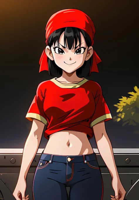 pandballgt,1girl, black eyes, black hair, short hair, orange bandana, (white panties:1.6), fingerless gloves, red shirt, crop top, child female, round butt