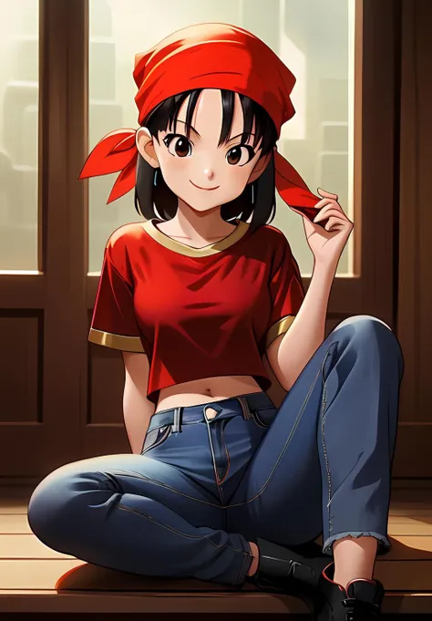 <lora:Pan:0.8>, Pan, 1girl, solo, smile, red shirt, jeans, bandana, black Hair, sitting,, (acclaimed, alluring, captivating, exciting, gorgeous, striking:1.3), (trending on CGSociety, trending on pixiv, contest winner:1.3)