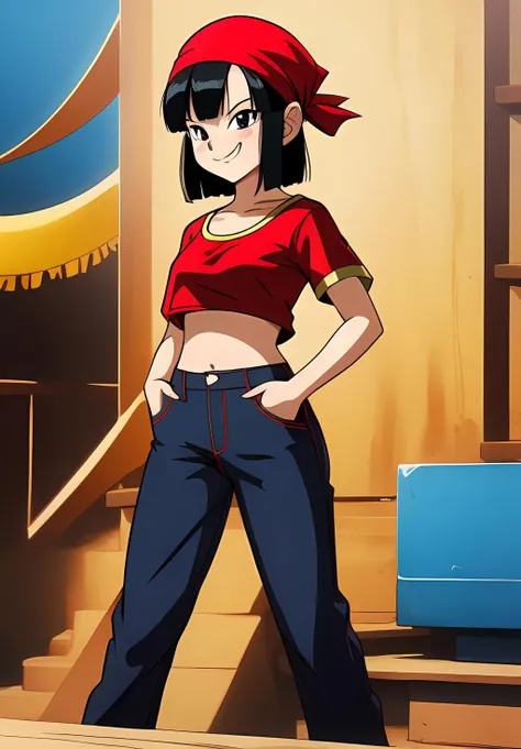 <lora:Pan:0.8>, Pan, 1girl, solo, Smirk, red shirt, jeans, bandana, black Hair, (acclaimed, alluring, captivating, exciting, gorgeous, striking:1.3), (trending on CGSociety, trending on pixiv, contest winner:1.3)