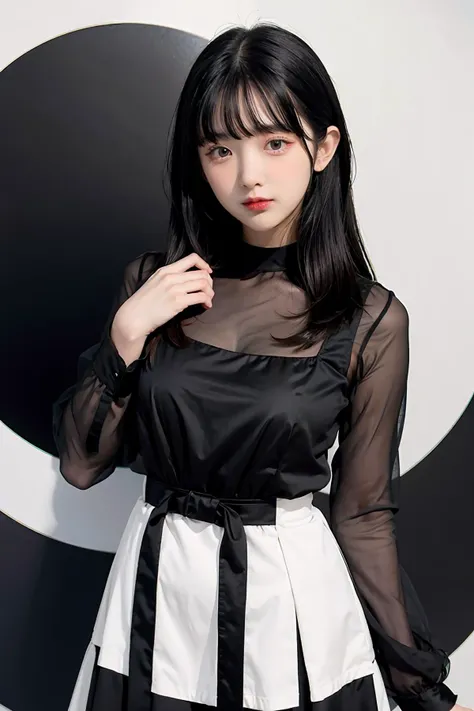 1girl,hair with bangs, black long blouse dress,white background,  <lora:beerpassaranan-04:1>